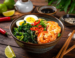 Asian Noodle Bowl with Shrimp, Boiled Egg, Chili, and Leafy Greens