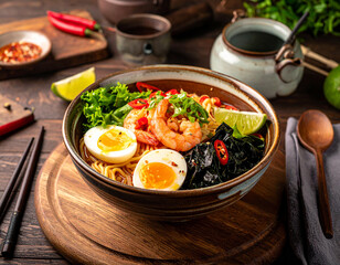 Asian Noodle Bowl with Shrimp, Boiled Egg, Chili, and Leafy Greens