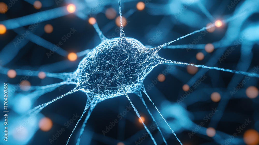 Poster close up view of neuron showcasing intricate connections and glowing synapses, representing advanced