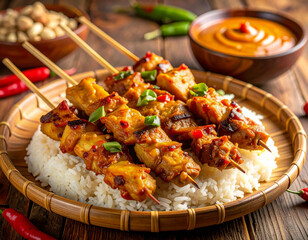 Indonesian Chicken Satay Skewers with Peanut Sauce and Rice