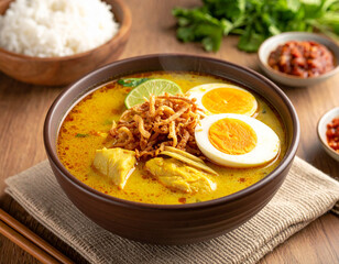 Indonesian Soto Ayam with Boiled Egg, Fried Shallots, and Lime
