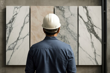 Male Architect or Contractor in a Hard Hat Contemplating a Variety of Marble and Granite Slab Samples for a Construction Project