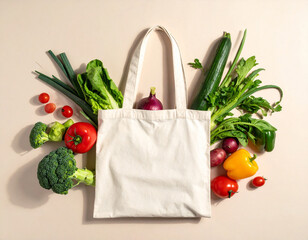 Reusable Eco Bag Filled with Fresh Vegetables on Neutral Background