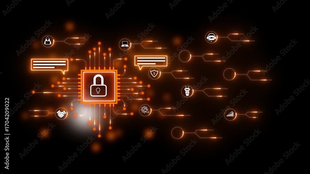 Poster secure digital network with glowing circuit board and lock icon technology security. digital lock an
