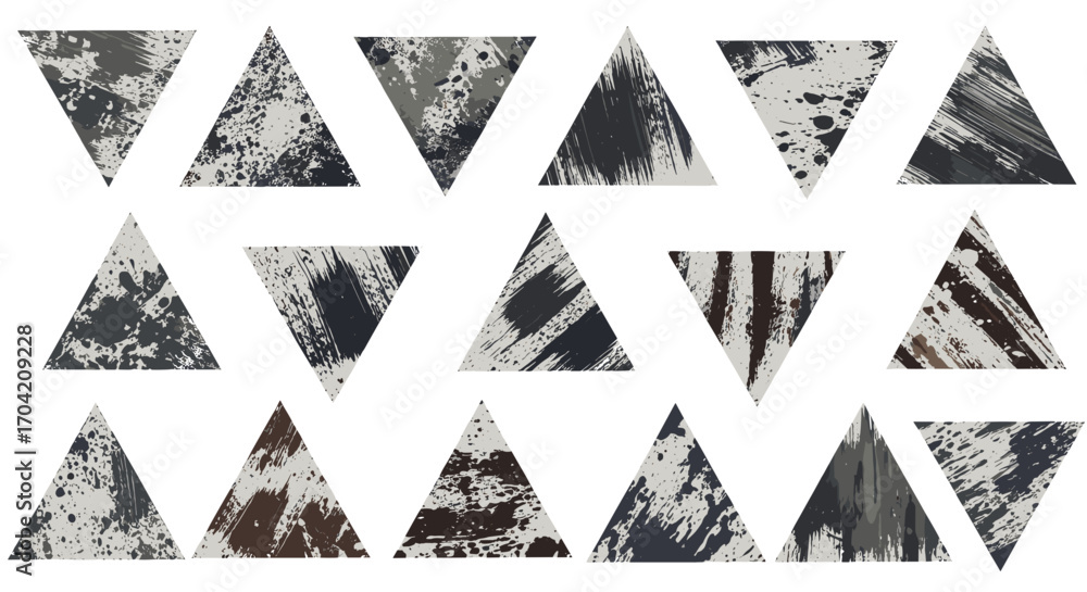 Poster array of fifteen distressed triangle shapes with varied brush strokes