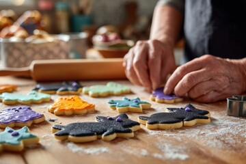 Fototapeta premium Artisanal creation of halloween sugar cookies on a wooden surface showing detailed decorative