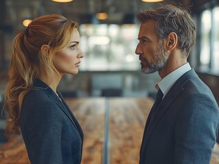 Two business professionals facing each other across a boardroom table symbolizing a tense negotiation or competitive discussion