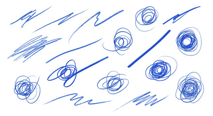 Collection of blue scribbles and lines on a white background design art