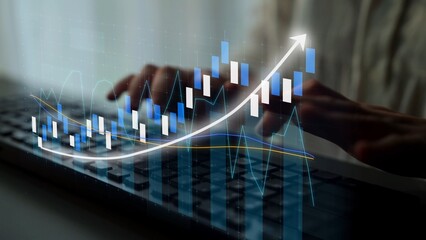 A person works on a keyboard with a digital overlay of a growing graph. This image represents finance, analytics, and business success in a modern workspace. Copula