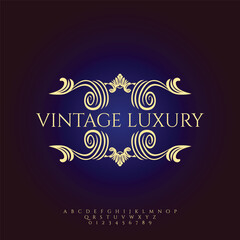 Elegant Gold Vintage Luxury Logo Design  Dark Blue Gradient Background.