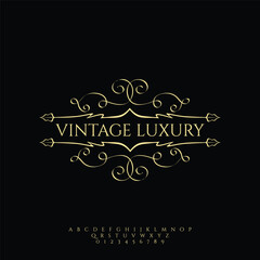 Elegant Gold Vintage Luxury Logo Design  Ornate Flourishes, Serif Font, Black Background.