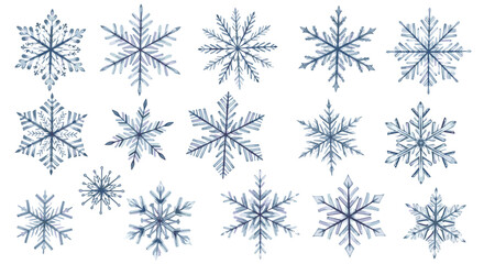 Collection of fifteen watercolor snowflakes in varying shapes and sizes