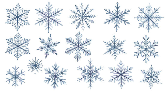 Collection of fifteen watercolor snowflakes in varying shapes and sizes