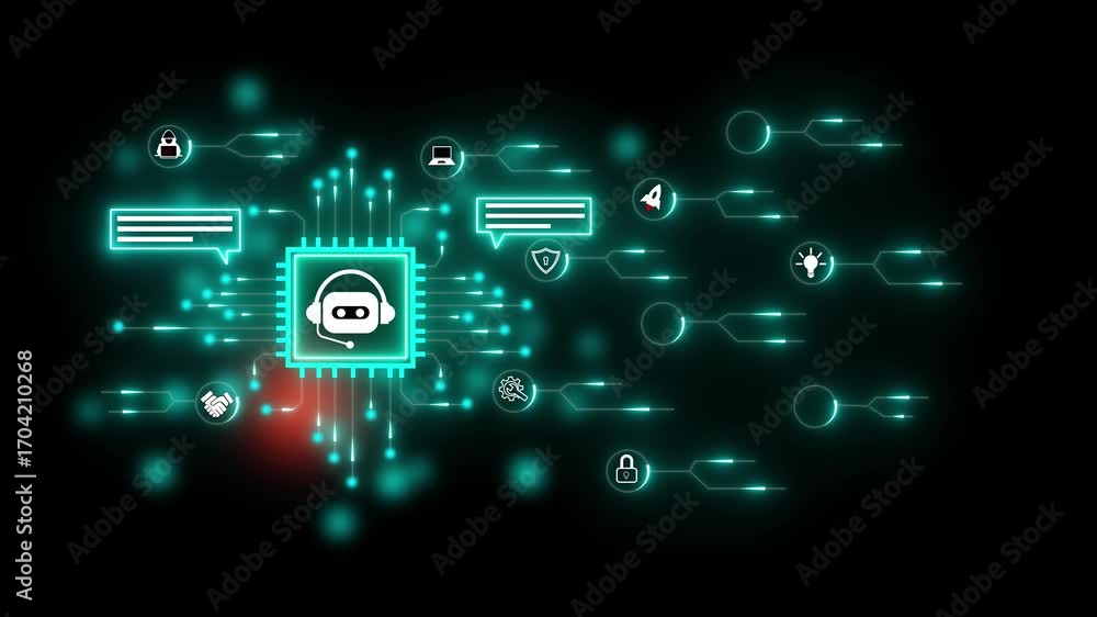 Poster ai chat bot icon on circuit board. ai chatbot icon enabling intelligent digital interaction. technol