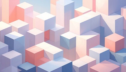 Abstract geometric cityscape illustration with pastel colors and dimensional shapes
