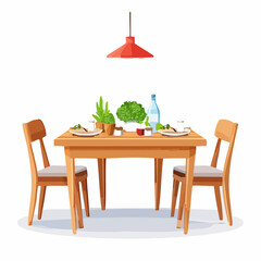 A beautifully served wooden dining table with chairs for two, featuring healthy food and plants in a cozy home setting illustration