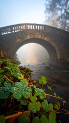 Misty morning view of an old stone arch bridge over a stream with clover
