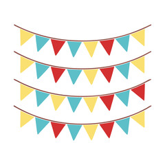 Obraz premium Colorful bunting flags set on strings, festive party garland vector illustration, red yellow and blue pennant banners for celebration events
