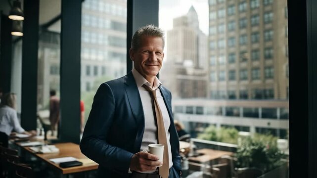 Businessman enjoying coffee in urban office with city skyline view early in the day