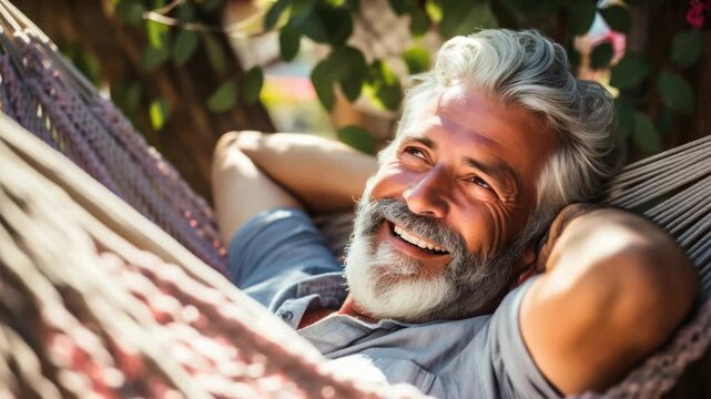 Relaxing afternoon in a hammock with a cheerful older man enjoying nature and tranquility