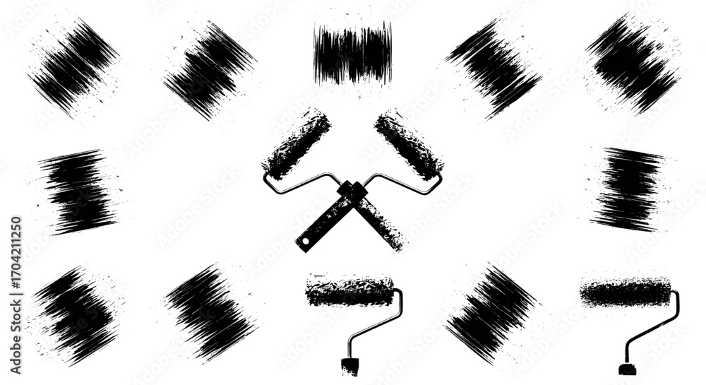 Poster Paint roller strokes and tools arranged in a pattern on white background