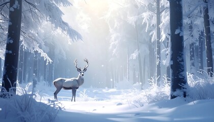 Snowy forest with deer
