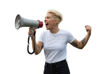Naklejka premium This powerful image features a woman with short blonde hair passionately shouting into a megaphone, her mouth wide open and fist clenched.