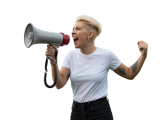 This powerful image features a woman with short blonde hair passionately shouting into a megaphone, her mouth wide open and fist clenched.