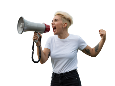 This powerful image features a woman with short blonde hair passionately shouting into a megaphone, her mouth wide open and fist clenched.