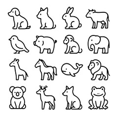 Animals Icon Set. cute animal icons in minimalist line art style. This collection includes dog, cat, rabbit, cow, bird, pig, monkey, elephant, giraffe, horse, whale, lion, koala, deer, wolf, and frog.