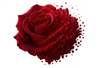 Red Rose Dissolving into Small Cubes on Transparent Background