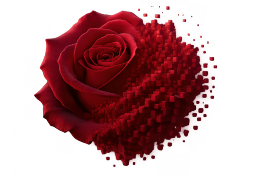 Red Rose Dissolving into Small Cubes on Transparent Background