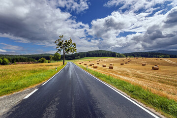 Fototapeta premium Landstraße mit Heuballen: Sommerliche Ernte in den Feldern