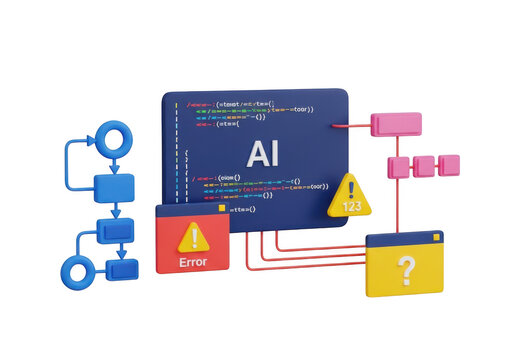 3d illustration of ai system with error notifications isolated on transparent background