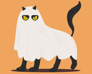 cat in ghost costume. Halloween ghost, cartoon illustration, domestic animal. pets. Picture with space for inscription