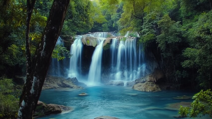 Obraz premium Fresh waterfall cascades over rocks in a lush forest, surrounded by green trees and blue water, perfect for nature and travel.