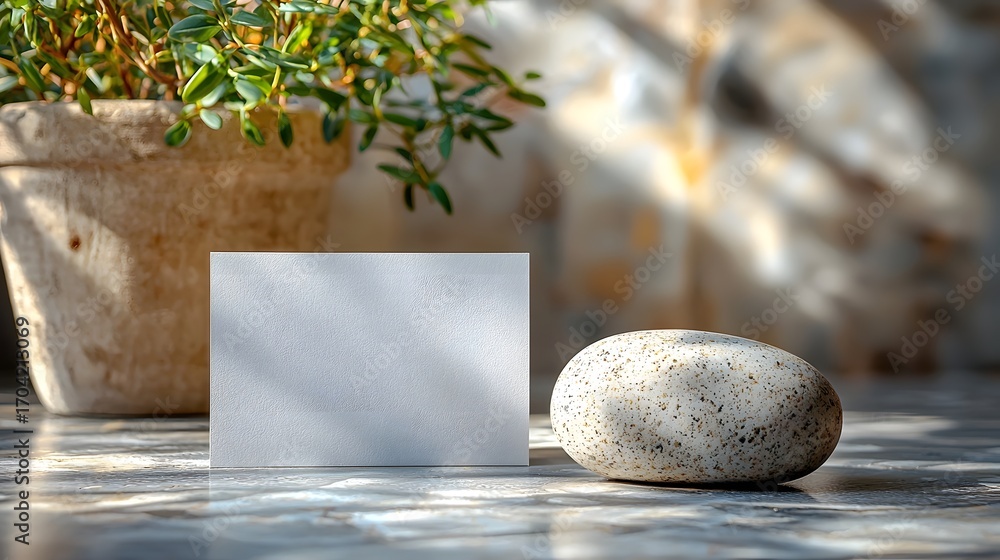 Poster minimalist composition with a blank white card and a smooth pebble on a textured surface evoking tra