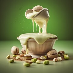 Pistachio cream flowing onto pistachios in a bowl delicious dessert concept studio shot on green background