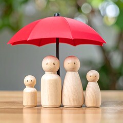 Wooden family figures under a red umbrella