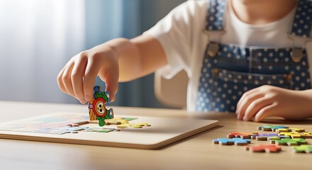 Little girl solving a jigsaw puzzle at home on table top