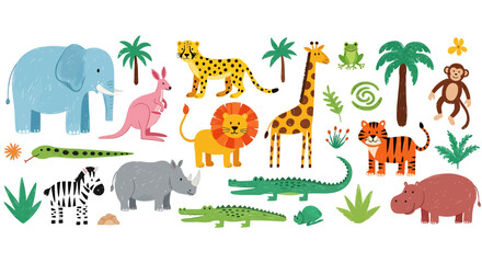 Cheerful Crayon-Style Safari Animals:  Elephant, Lion, Tiger, Giraffe, and More;  Perfect for Children's Books, Prints, and Educational Materials.