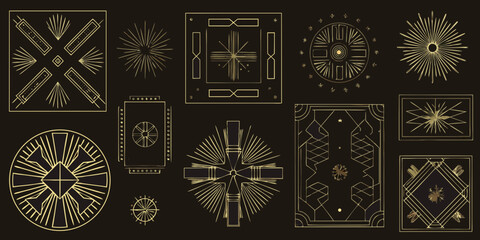 Collection of art deco geometric ornate decorative elements and sunburst designs in gold on black background