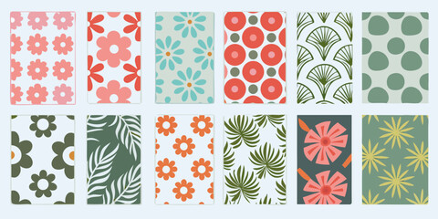 Collection of twelve colorful and retro floral and botanical seamless patterns