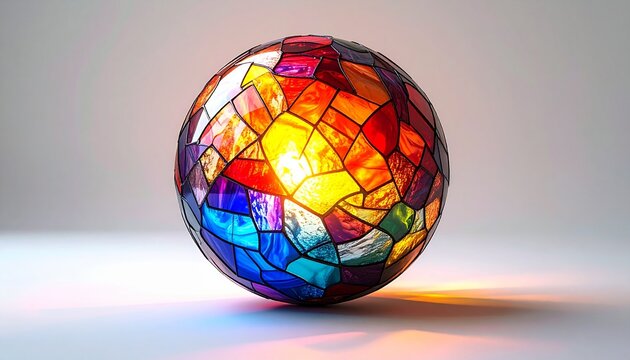 A surreal World Cup soccer ball made of colorful stained glass, glowing softly on a plain white background