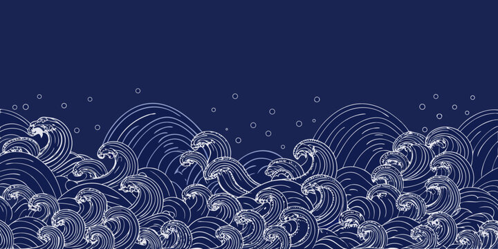 Stylized japanese seigaiha wave pattern in white outline on a deep blue background with small circles