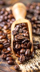 Roasted coffee beans in a wooden scoop, burlap background