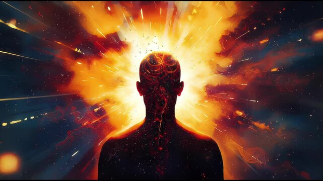Silhouette of a human head exploding with cosmic energy and light, representing consciousness, creativity, and the universe within 4k video