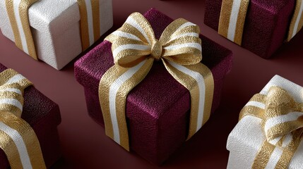 luxury gift box pattern, high-quality seamless background pattern showcasing classy gift boxes in assorted sizes and adorned with luxurious ribbons in a refined color palette geometric arrangement