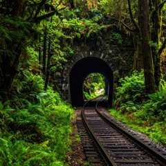 Lush green forest surrounds a railway tunnel