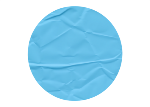 light blue circle sticker with crumpled edges isolated on white background, png, ai generated.